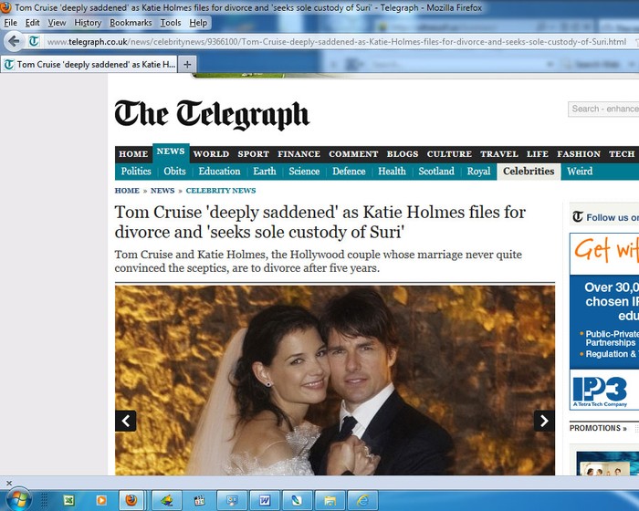 Trang Telegraph cũng đưa tin Tom Cruise và Katie Holmes trên trang đầu mục Sao